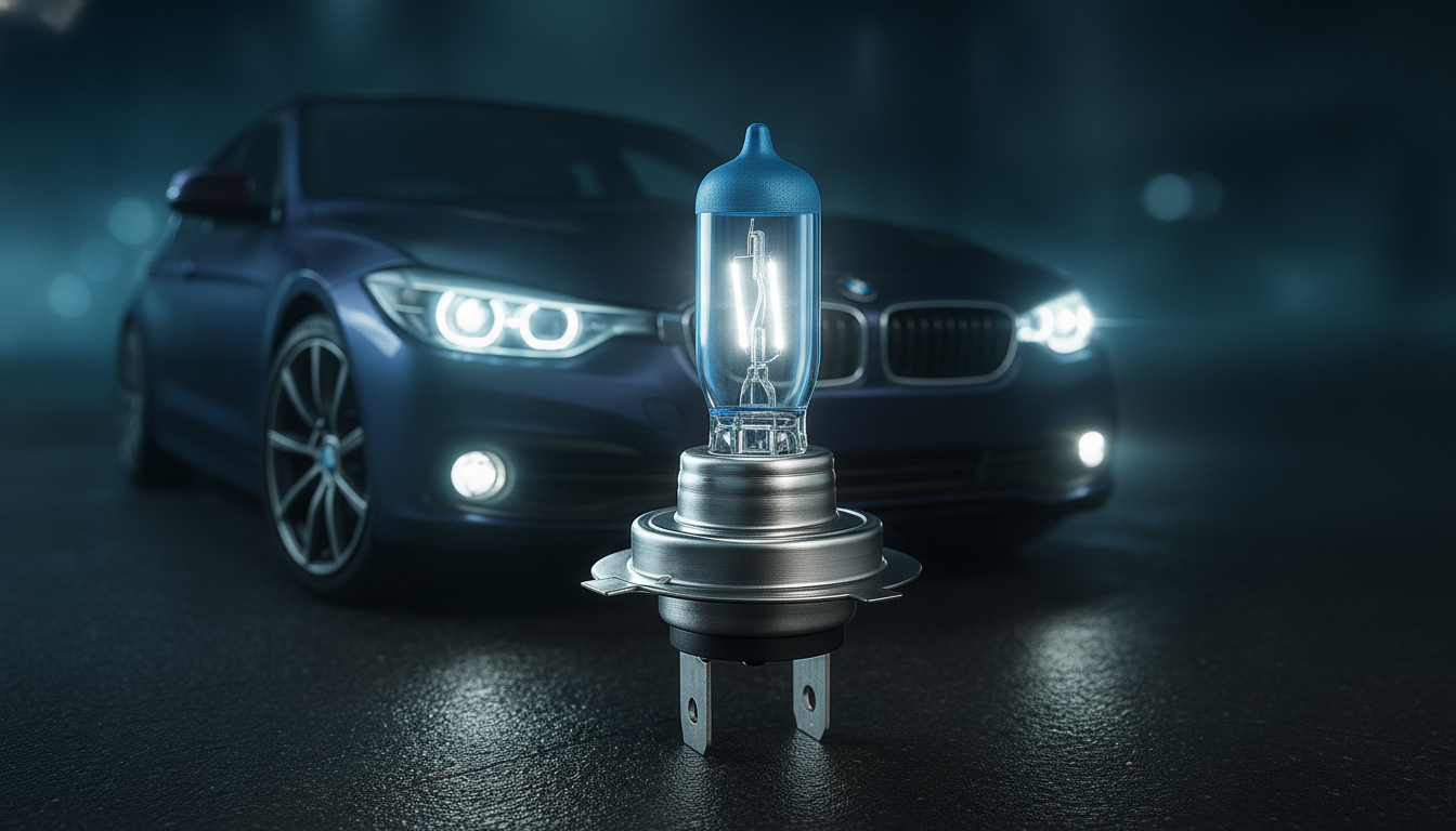 H7-Lampe im Xenon-Look vor einem dunklen Auto-Scheinwerfer