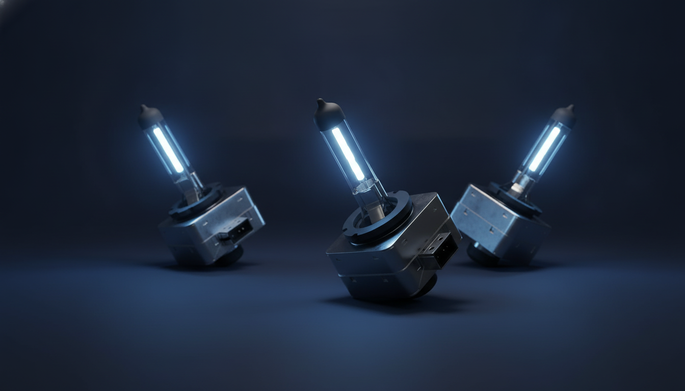 Drei Xenon-Brenner D1S, D2S und D3S auf dunkelblauem Studio-Hintergrund