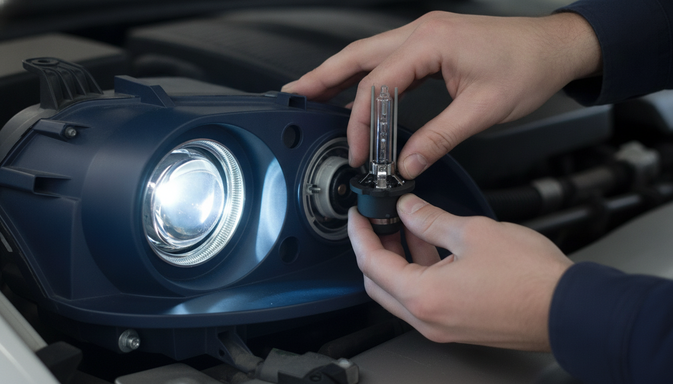 Hände setzen einen Xenon-Brenner von hinten in die Scheinwerfer-Projektoreinheit ein