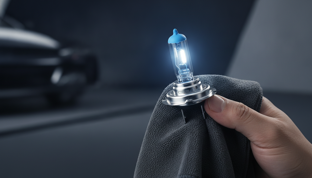 Autolampe mit Mikrofasertuch am Sockel gehalten, das Glas bleibt sauber
