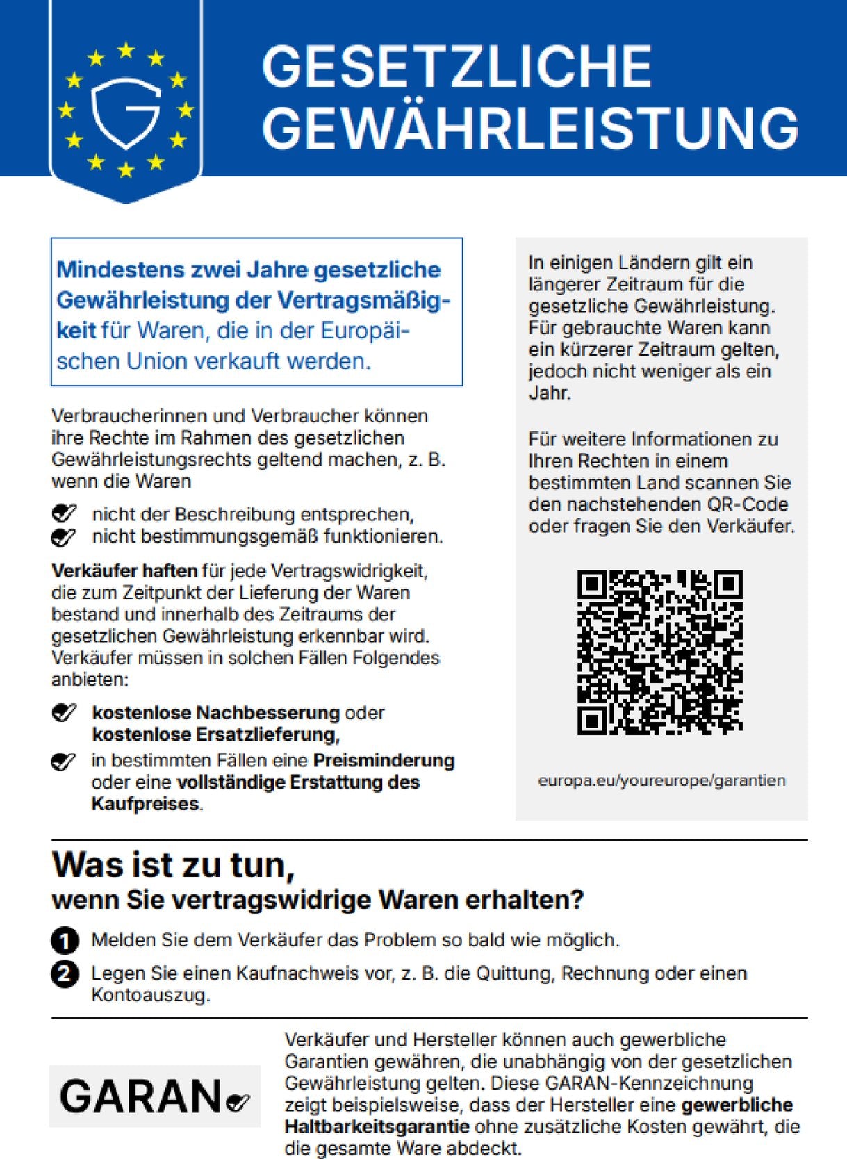 Harmonisierte EU-Mitteilung über das gesetzliche Gewährleistungsrecht: Mindestens zwei Jahre gesetzliche Gewährleistung der Vertragsmäßigkeit für Waren, die in der Europäischen Union verkauft werden
